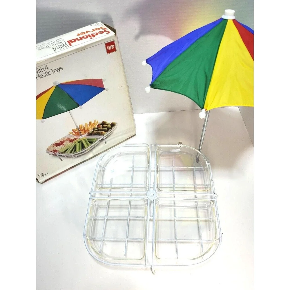 1984 Vintage Fruit Vegetable Chip Dip Condiment Sectional Server Set w Umbrella